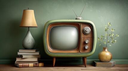 Vintage TV with lamp and books on wooden floor home interior