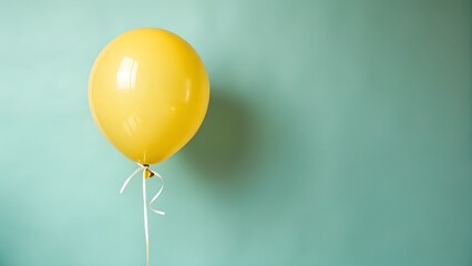 A single yellow balloon floats against a teal wall, casting a soft shadow, creating a cheerful atmosphere
