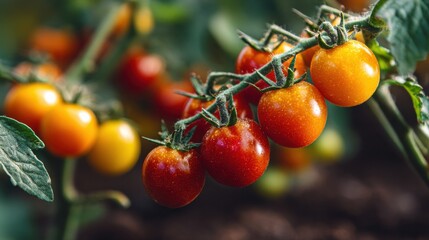 Obraz premium Branch of ripe cherry tomatoes in sunlight
