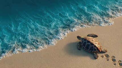 Sea turtle on a beach with clear turquoise water, aerial view. Use this image to promote ocean conservation and wildlife protection.