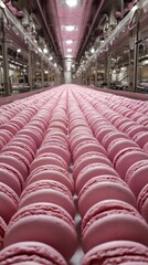 Pink macaron production line in modern confectionery factory