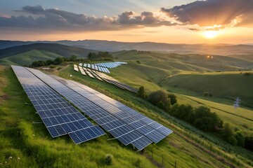 Scenic view of solar panels on a hillside at sunset, highlighting the importance of renewable energy sources