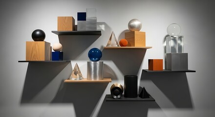 Naklejka premium Geometric Shapes Displayed on Shelves in an Artistic Arrangement