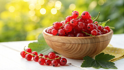 Red Currant in wooden bowl with water drop on surface in natural warm sunlight background