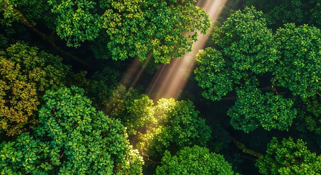 Aerial view of lush green trees and sunlight in a forest