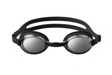 Black swimming goggles with silver lenses on transparent background