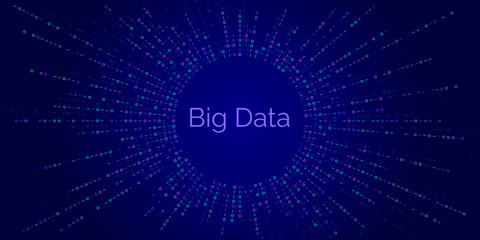 Big Data text centered in glowing dot burst for tech, analytics or AI concepts, information systems or cloud computing. Blue background