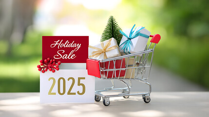 Shopping cart filled with gift boxes and greeting card on festive background.