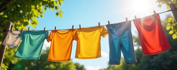 Sun-Drenched Laundry Drying on a Clothesline Vibrant Summer Scene of Freshly Washed Clothes Gently Swaying in the Breeze