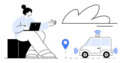 Woman with a laptop gestures near an autonomous car with GPS marker and wireless signals. Ideal for transportation, technology, innovation, communication, mobility, GPS, connectivity. Simple flat