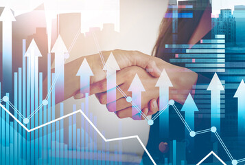 Two people shaking hands with financial graphs, upward arrows, and data overlays on a cityscape background, representing partnership and economic growth