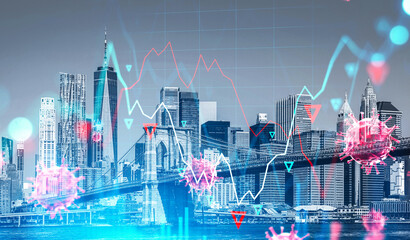 New York City skyline featuring Brooklyn Bridge with abstract charts and virus shapes overlayed, symbolizing economic impact and pandemic crisis concept