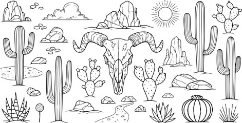 Desert set vector sketches. Hand drawn black and white line cactus, rocks, skull, and elements of the landscape.