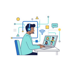 Online Conference Vector Minimalist, bold line vector art for virtual meetings. Scalable business concept for remote work & abstract network connection.