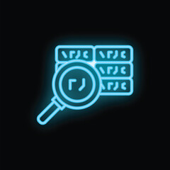 Bright blue neon icon of a magnifying glass inspecting a data server, suggesting data analysis or research
