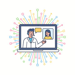 Online Doctor Service Bold line vector icon for telehealth concept. Doctor and patient connecting via laptop. Modern, scalable graphic for medical technology.