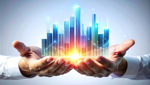 Open hands with glowing 3D bar chart

