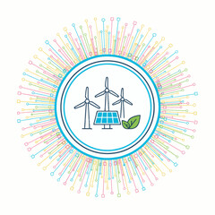 Renewable Energy Vector Clean, flat illustration of solar panels & wind turbines with green leaves. Ideal for sustainability, eco-friendly tech, and power concepts.
