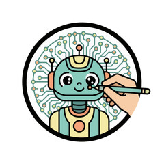 Robot-Assisted Design Unique, scalable vector icon. Hand, pencil, and robot icon set. Bold lines, harmonious color. Perfect for future tech themes.