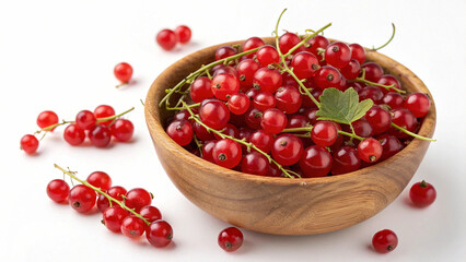 Red Currants in wooden bowl on white surface in white background