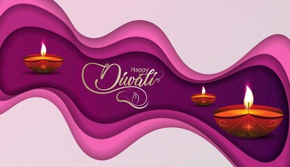 Vibrant Diwali Festival Background with Glowing Diyas, Wavy Pink and Purple Decorative Backdrop, Warm Festive Lights, and Elegant Indian Celebration Artwork for Greeting Card or Poster