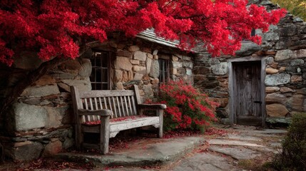 Old stone house with red autumn tree and wooden bench