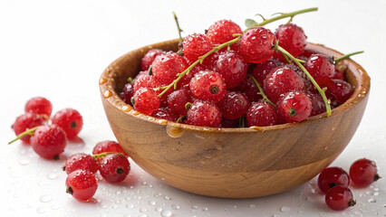 Red Currants in wooden bowl with water drop on white surface in white background