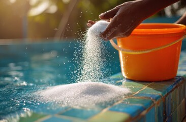 Person pouring white powder into a swimming pool with an orange bucket on a sunny day
