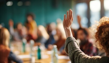 Person Raising Hand During Meeting or Conference in Bright Indoor Setting