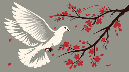 Fototapeta premium Flying Dove with Red Flowers and Falling Petals.