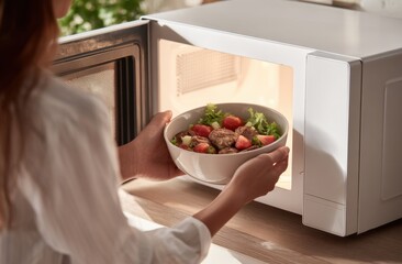 Person Removing Fresh Salad Bowl from Microwave Oven in Kitchen Setting