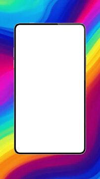 This vibrant motion graphic features a modern, generic smartphone with a pristine white blank screen, ideal for customizable content display. The sleek, borderless device is set against a dynamic, flo