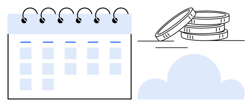 Calendar with grid layout, stack of coins, and cloud in minimal flat style. Ideal for scheduling, saving, finance, budgeting, productivity, organization or time management metaphor