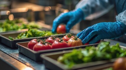 Person wearing blue gloves selecting fresh tomatoes in a greenhouse or farm setting