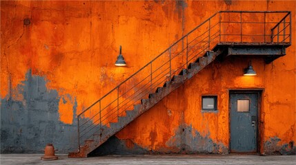 Industrial orange wall with metal staircase and lights