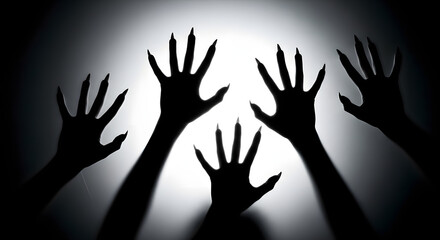Silhouettes of creepy hands with long nails reaching out from the darkness, creating a spooky and unsettling atmosphere in the shadows