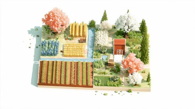 Video clean isometric vector illustration showing springtime countryside farmland on white background with green fields, barns, trees, and fresh nature for eco and farming visuals.
