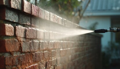 Power Washer Cleaning Brick Wall with High-Pressure Water Spray in Outdoor Setting