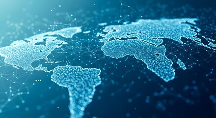 Global Digital Network: Abstract World Map with Glowing Connectivity Lines and Data Points on a Blue Background, Illustrating Technology and Global...