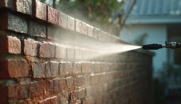 Power Washer Cleaning Brick Wall with High-Pressure Water Spray in Outdoor Setting