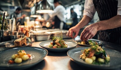 Professional chef preparing gourmet dishes in a bustling restaurant kitchen