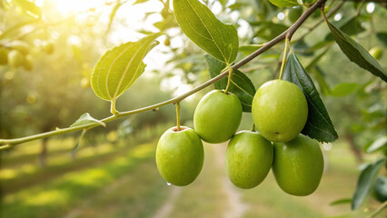 Green Jujube hanging on tree in garden, Jujube tree in natural warm sunlight background