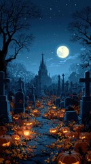 Halloween cemetery with pumpkins glowing under moonlight