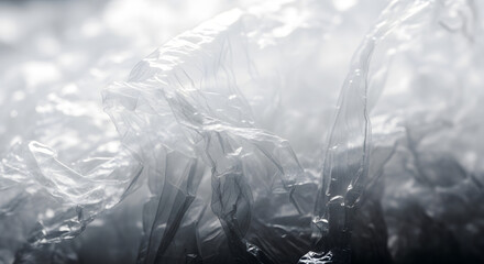 Closeup of crumpled plastic wrap, creating an abstract and textured background with a play of light and shadow, showcasing its delicate details