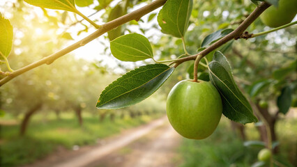Green Jujube tree in garden, Green Jujubes tree in natural warm sunlight background