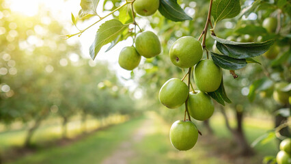 Green Jujube hanging tree in garden, Jujube tree in natural warm sunlight background