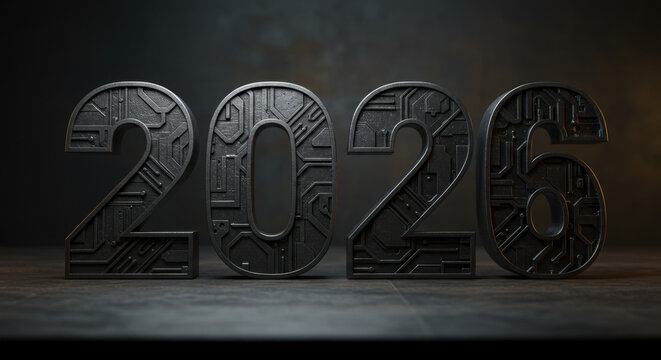 Sculpted Year 2026 in Steampunk Style Against Black Background