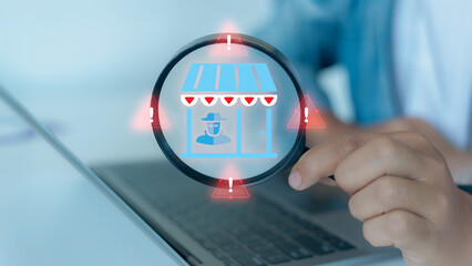 Fake online store detection concept showing a magnifying glass inspecting a suspicious e-commerce website with scam alert symbols, fraud warning, and cybersecurity risk.