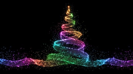 Abstract glowing Christmas tree made of colorful neon light swirl with sparkling stars on black background