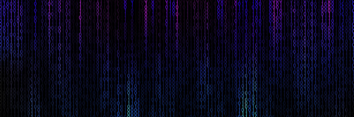 A mesmerizing display of binary code flows vertically on a dark background, illuminated with a gradient of bright magenta, purple, and electric blue, creating a high-tech, digital environment.